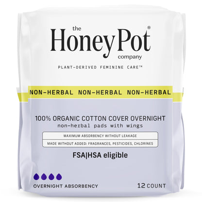 The Honey Pot Company - Pads for Women - Non-Herbal Overnight Pads w/Wings - Organic Cotton Cover, & Ultra-Absorbent Pulp Core - Sanitary Pads for Women - Feminine Care - FSA & HSA Eligible - 12 ct