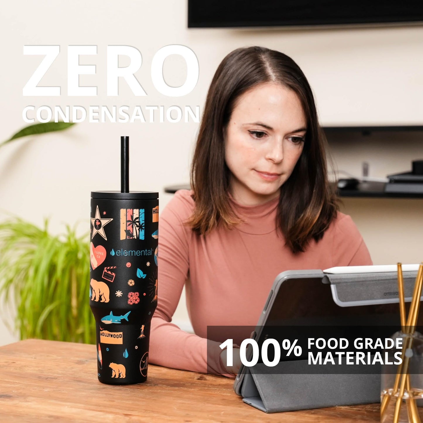 Elemental 40 oz Tumbler with Handle and Straw - Spill Proof Insulated Stainless Steel Commuter for Hot and Cold Beverages - Travel Coffee Mug with 2 Straws & Spill Proof Lid - 40oz-California Dreaming