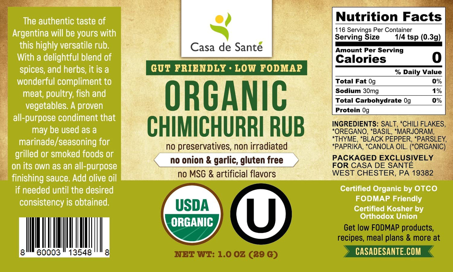 Organic Low FODMAP Certified Paleo Seasoning No Onion No Garlic, Gluten-Free, No Carb, Keto, Kosher, All Natural, Non GMO, Non Irradiated Seasoning- Casa de Sante (Chimichurri Rub)