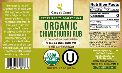 Organic Low FODMAP Certified Paleo Seasoning No Onion No Garlic, Gluten-Free, No Carb, Keto, Kosher, All Natural, Non GMO, Non Irradiated Seasoning- Casa de Sante (Chimichurri Rub)