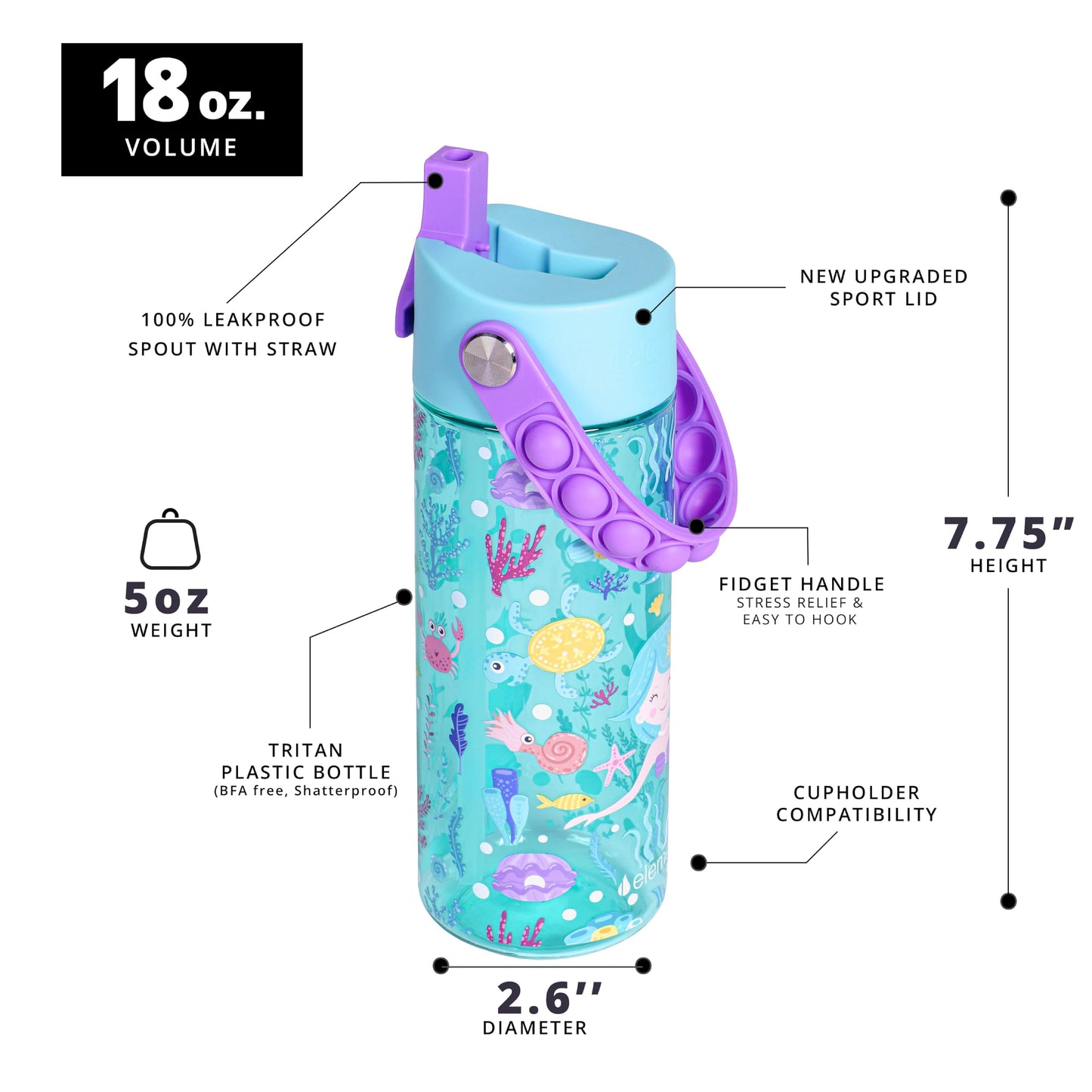 Elemental Leak Proof Water Bottles for Kids - Splash Kids Water Bottle for School with Pop-it Handle - BPA Free Tritan Plastic Reusable Water Bottle with Straw - Mermaid - 18oz