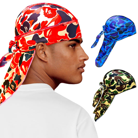 3Pcs Durag for Men Camouflage Do Rag with Long Tail Durag Breathable Bandana Hat Dreadlocks Holder Hoodie Packs Set Durag Hot
