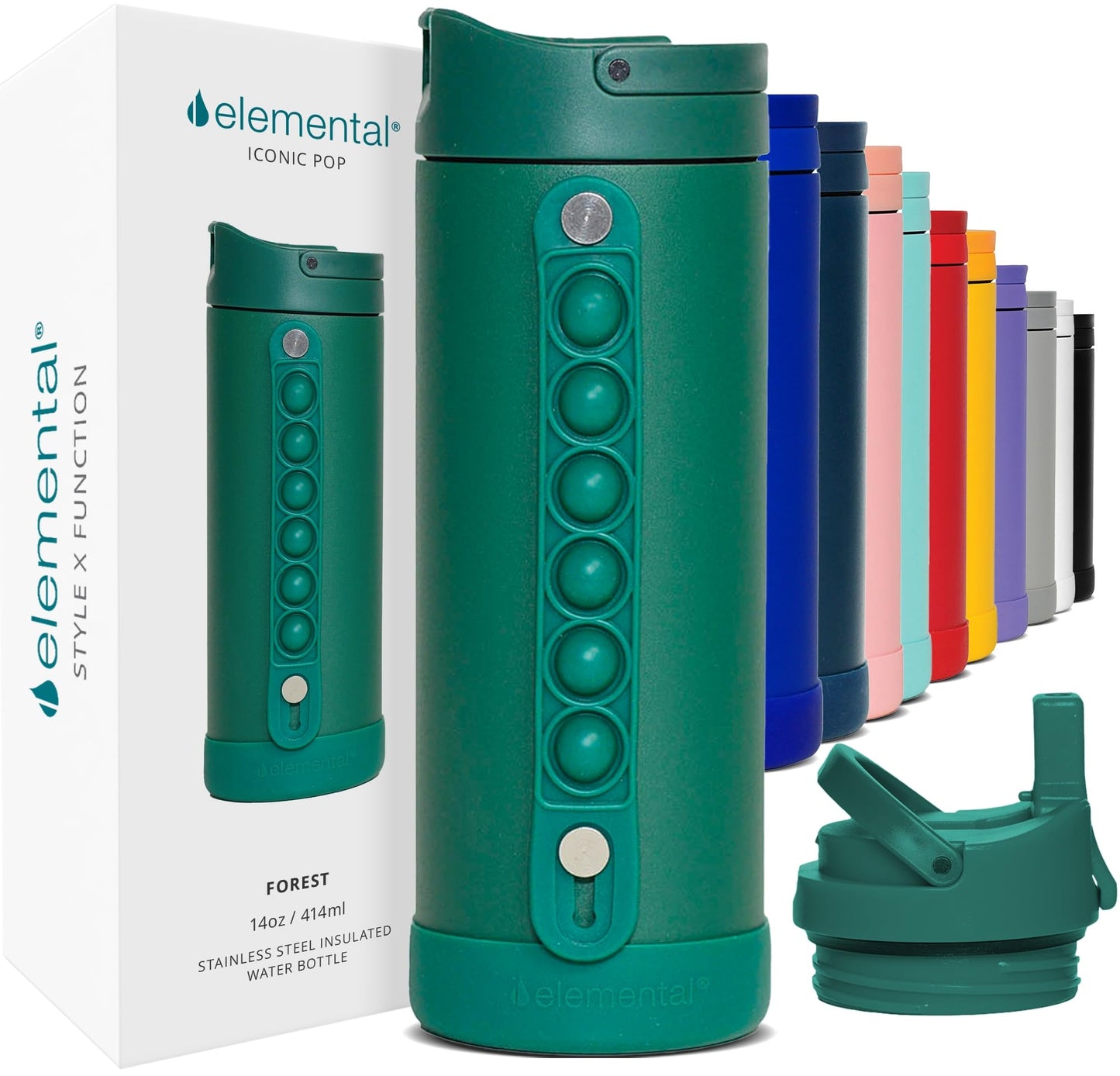 Elemental Iconic Kids Water Bottle with Straw Lid & Stress Relief Pop It Handle, Leak-Proof When Closed, Triple Insulated Kids Stainless Steel Water Bottle For Girls and Boys, 14oz - Forest Green