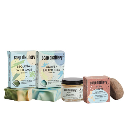 Soap Distillery Fresh and Clean Starter Pack - Agave + Salted Peel - Coffee + Peppermint - Body Scrub for Cellulite - Invigorating Fragrance