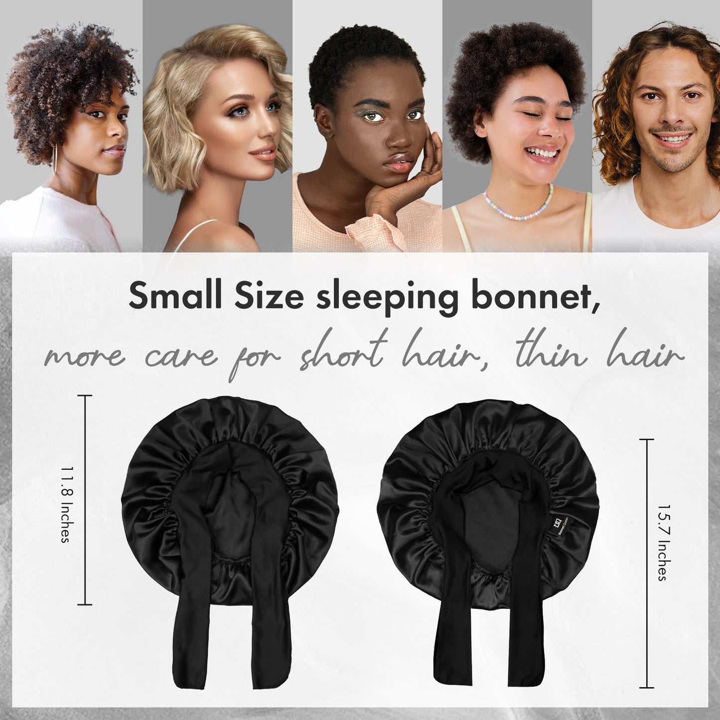 BONNET QUEEN Small Satin Bonnet Silk Bonnet for Sleeping Women Double Layer Reversible Hair Bonnet Adjustable Satin Lined Sleep Cap Wrap with Tie Band, Black