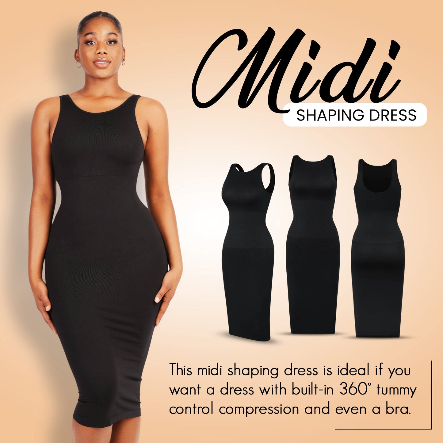 Dresses for Women 2023 Tummy Control Shapewear I Midi Sleeveless High Neck Sculpting Dress Body Shaper (Black - XL/2XL)