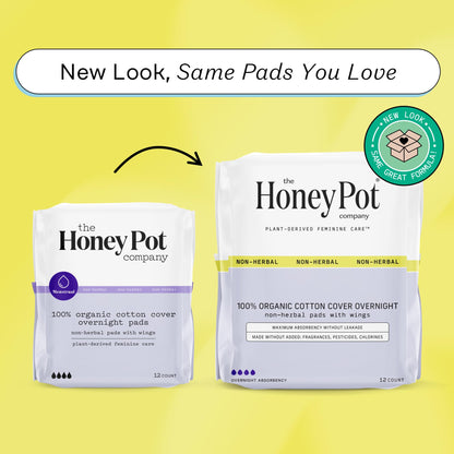 The Honey Pot Company - Pads for Women - Non-Herbal Overnight Pads w/Wings - Organic Cotton Cover, & Ultra-Absorbent Pulp Core - Sanitary Pads for Women - Feminine Care - FSA & HSA Eligible - 12 ct