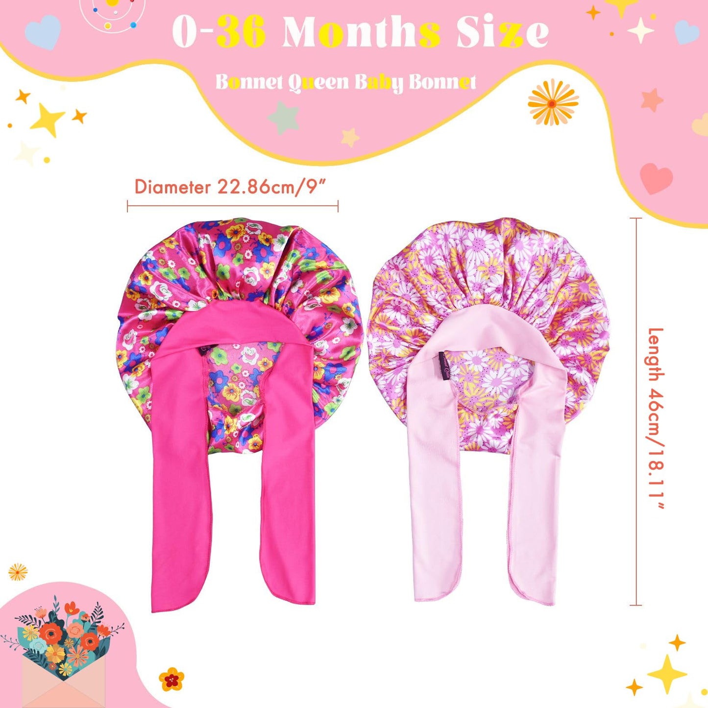BONNET QUEEN Baby Bonnet 2Pcs Silk Bonnet Satin Hair Bonnet for Sleeping Silk Bonnet for Girls Night Hair Wrap with Tie Band 0~3 Years Hot Pink & Pink Floral