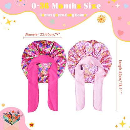 BONNET QUEEN Baby Bonnet 2Pcs Silk Bonnet Satin Hair Bonnet for Sleeping Silk Bonnet for Girls Night Hair Wrap with Tie Band 0~3 Years Hot Pink & Pink Floral