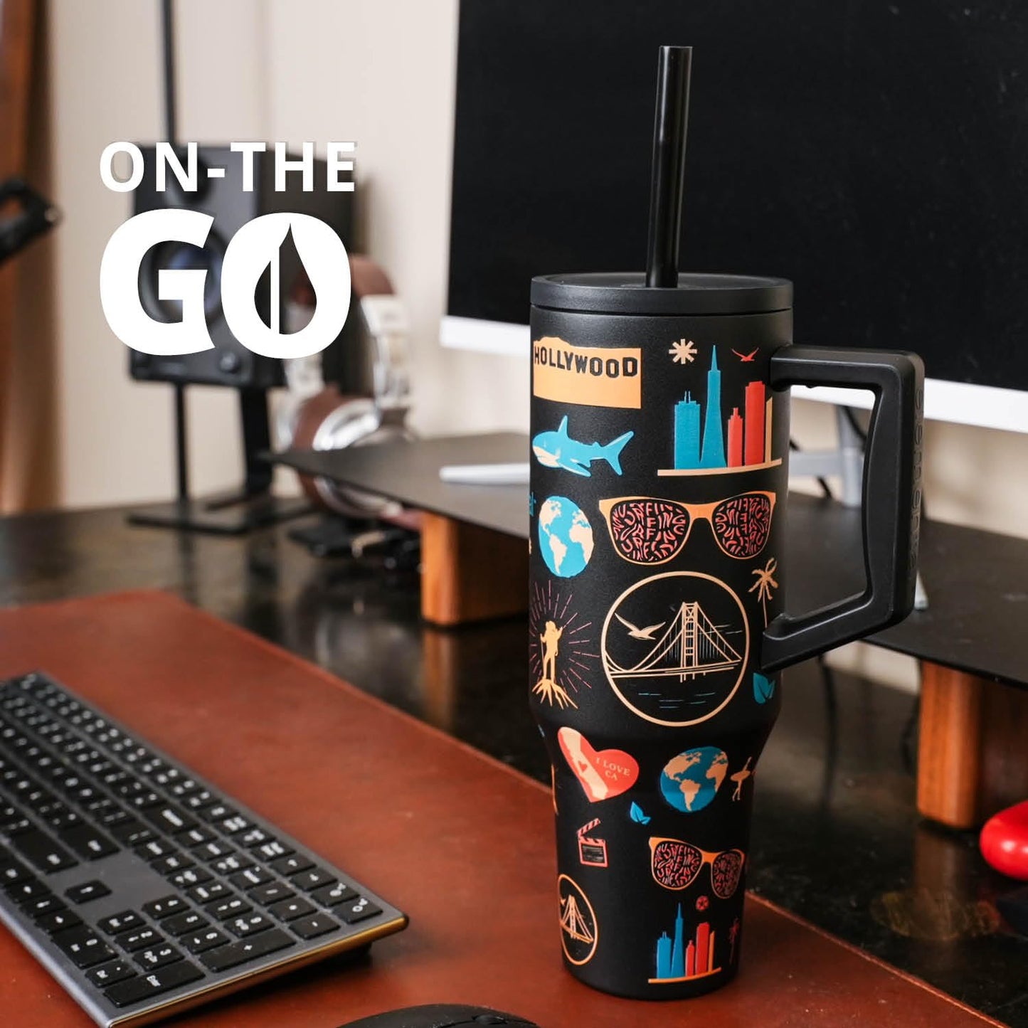 Elemental 40 oz Tumbler with Handle and Straw - Spill Proof Insulated Stainless Steel Commuter for Hot and Cold Beverages - Travel Coffee Mug with 2 Straws & Spill Proof Lid - 40oz-California Dreaming