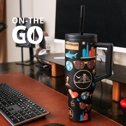 Elemental 40 oz Tumbler with Handle and Straw - Spill Proof Insulated Stainless Steel Commuter for Hot and Cold Beverages - Travel Coffee Mug with 2 Straws & Spill Proof Lid - 40oz-California Dreaming