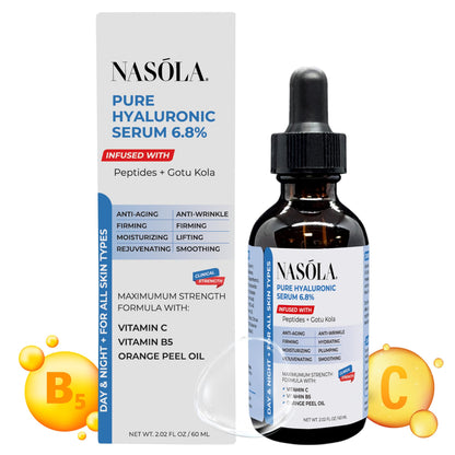 Nasola 6.8% Pure Hyaluronic Acid Serum for Face, Hyaluronic Acid Moisturizer - Get the Moisture Your Skin Needs for a Healthy, Youthful Glow with Orange Peel Oil, Vitamin B5 and C, 2.02 Oz