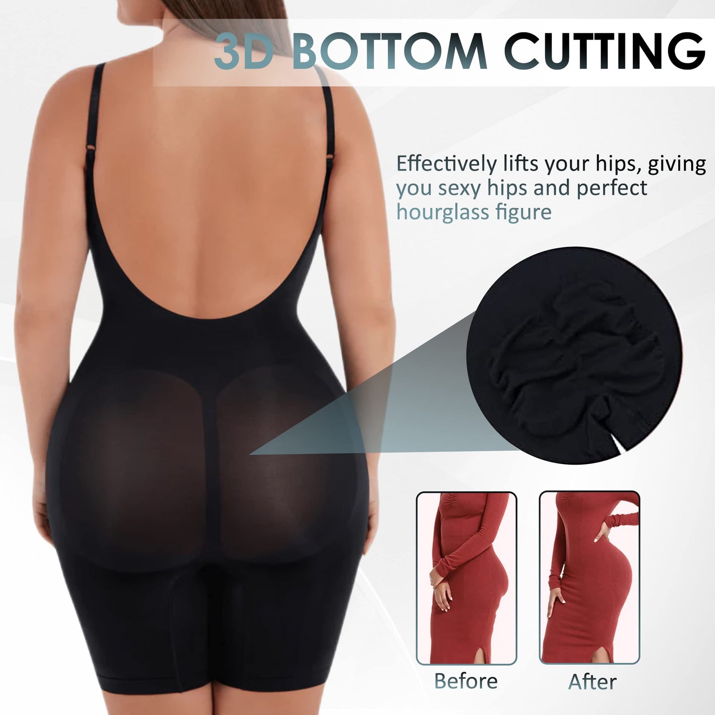 Soo slick Shapewear Bodysuit for Women | Tummy Control Butt Lifter Open Back Mid Thigh Seamless Full Body Shaping Tops Black