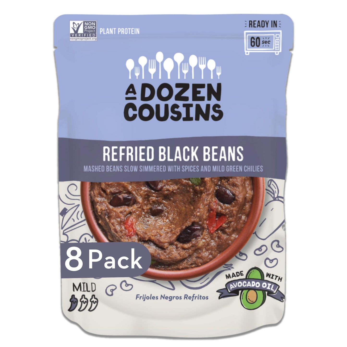 A Dozen Cousins Seasoned Beans, Vegan and Non-GMO Meals Ready to Eat Made with Avocado Oil (Refried Black Beans, 8 Pack)