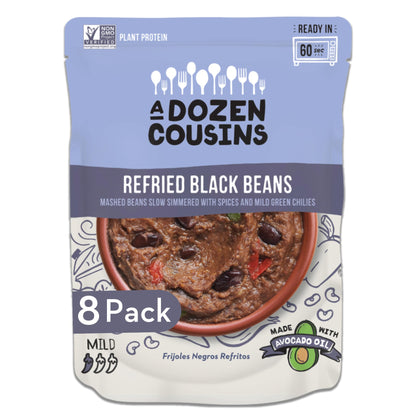 A Dozen Cousins Seasoned Beans, Vegan and Non-GMO Meals Ready to Eat Made with Avocado Oil (Refried Black Beans, 8 Pack)