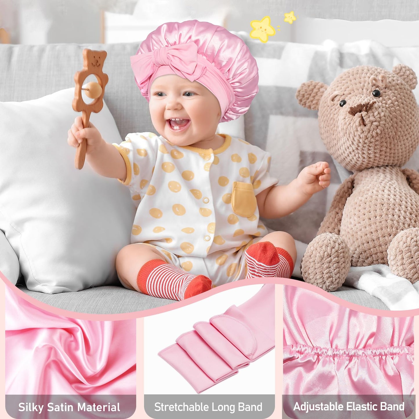 BONNET QUEEN Baby Bonnet Kids Bonnet Double Layer Silk Bonnet for Sleeping Satin Bonnet Adjustable Silk Hair Wrap with Tie Band 2Pcs 6-12 Months Pink+Purple