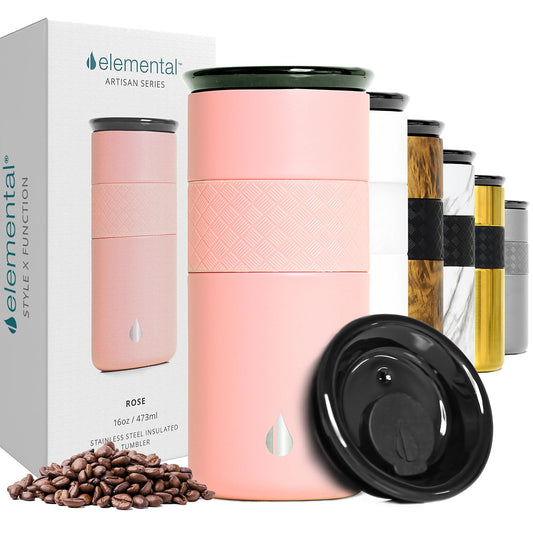Elemental Artisan Insulated Tumbler, Triple Wall Coffee Travel Mug, Reusable Stainless Steel Coffee Tumbler with Ceramic Lid, Thermal Coffee Cups for Hot (6 Hrs) & Cold (18 Hrs), 16oz - Rose Pink
