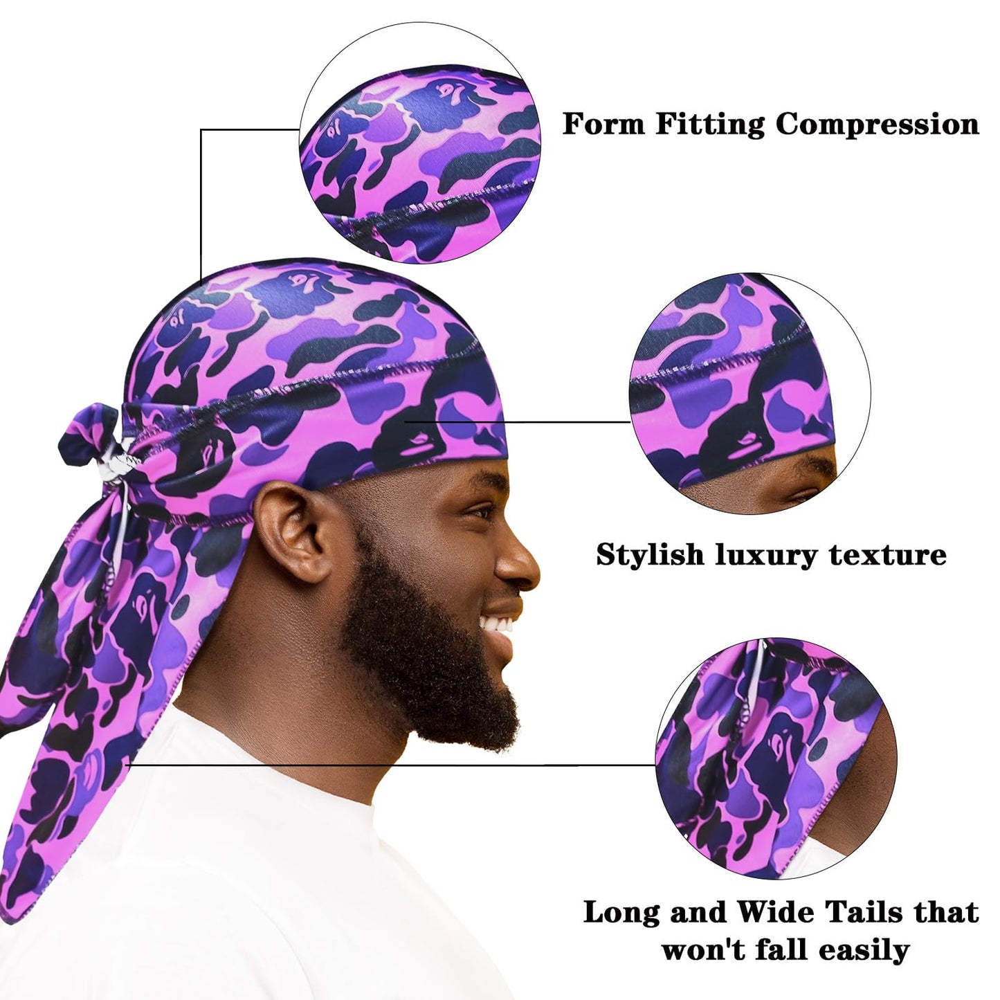 3Pcs Silk Durag for Men Designer Durag for Women Camouflage Silky Cap Rags Hip Hop Turban Hair Wrap for Sleeping Dorag