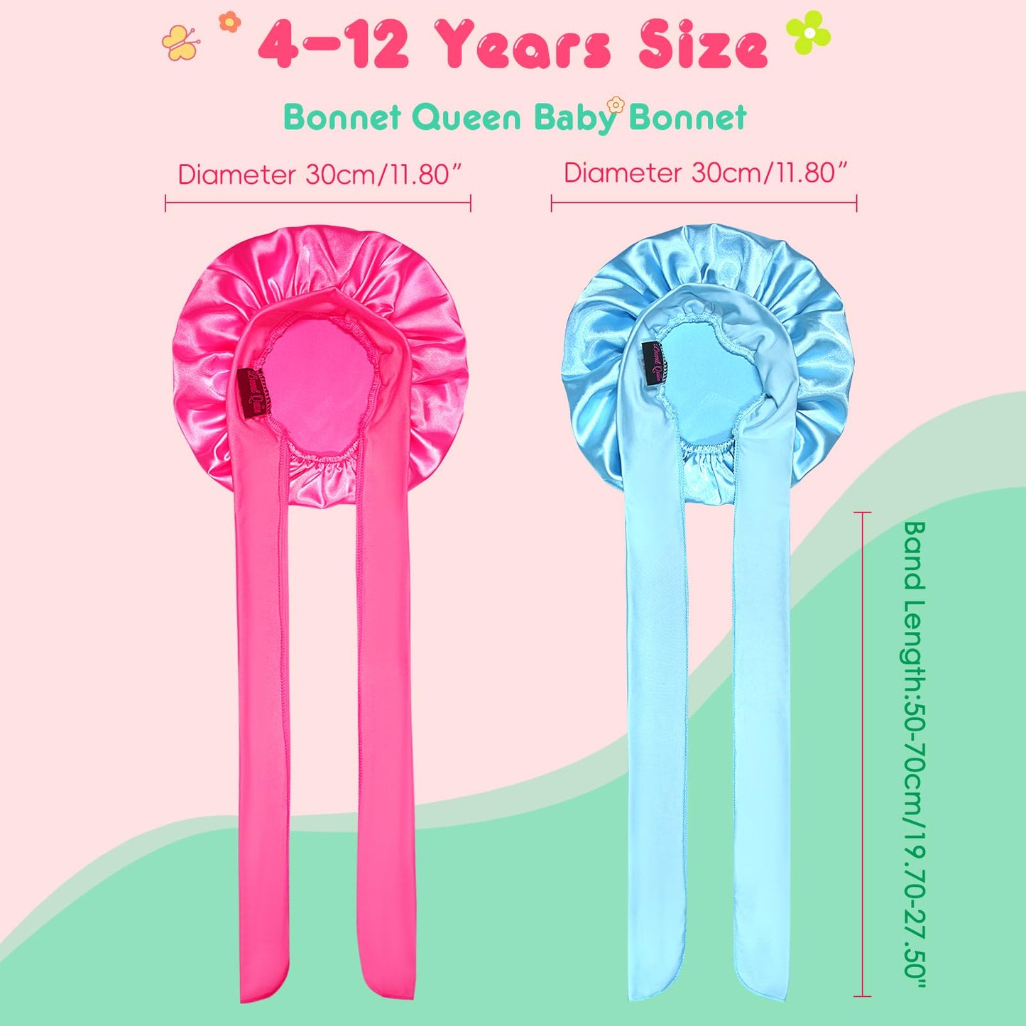 BONNET QUEEN Baby Bonnet Kids Bonnet Infant Satin Silk Hair Bonnets with Tie Band Bow for Girls 4~12 Years 2Pcs Light Blue+Hot Pink
