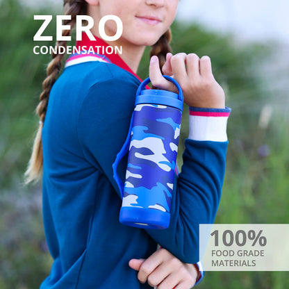 Elemental Iconic Kids Insulated Water Bottle with Straw Lid & Stress Reliever Pop-It Handle, Leak-Proof When Closed Water Bottle Kids - Stainless Steel Water Bottle For Kids, 14oz - Blue Camo