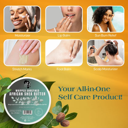 RA COSMETICS Whipped Shea Butter Eucalyptus – 6oz | 100% Pure and Natural African Shea Butter for Men & Women - Ultimate Handcrafted Moisturizer with Essential Vitamins for Radiant Skin & Hair