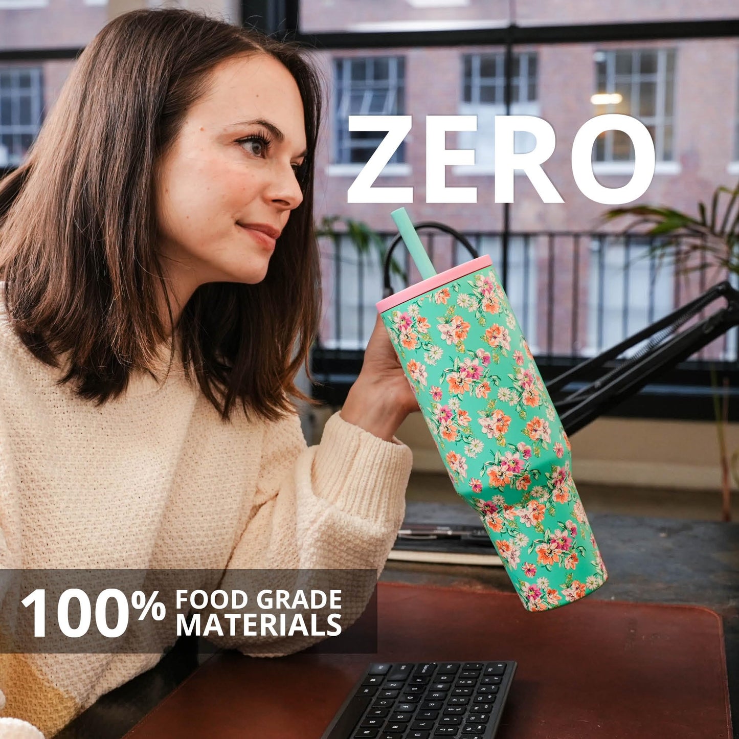 Elemental 40 oz Tumbler with Handle and Straw - Spill Proof Insulated Stainless Steel Commuter for Hot and Cold Beverages - Travel Coffee Mug with 2 Straws & Spill Proof Lid - 40oz - Vintage Flower