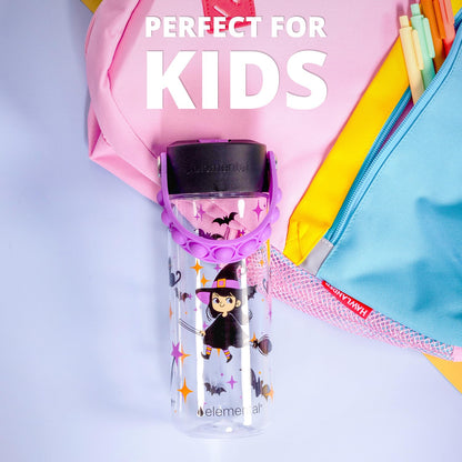 Elemental Leak Proof Water Bottles for Kids - Splash Kids Water Bottle for School with Pop-it Handle - BPA Free Tritan Plastic Reusable Water Bottle with Straw - Little Witch - 18oz
