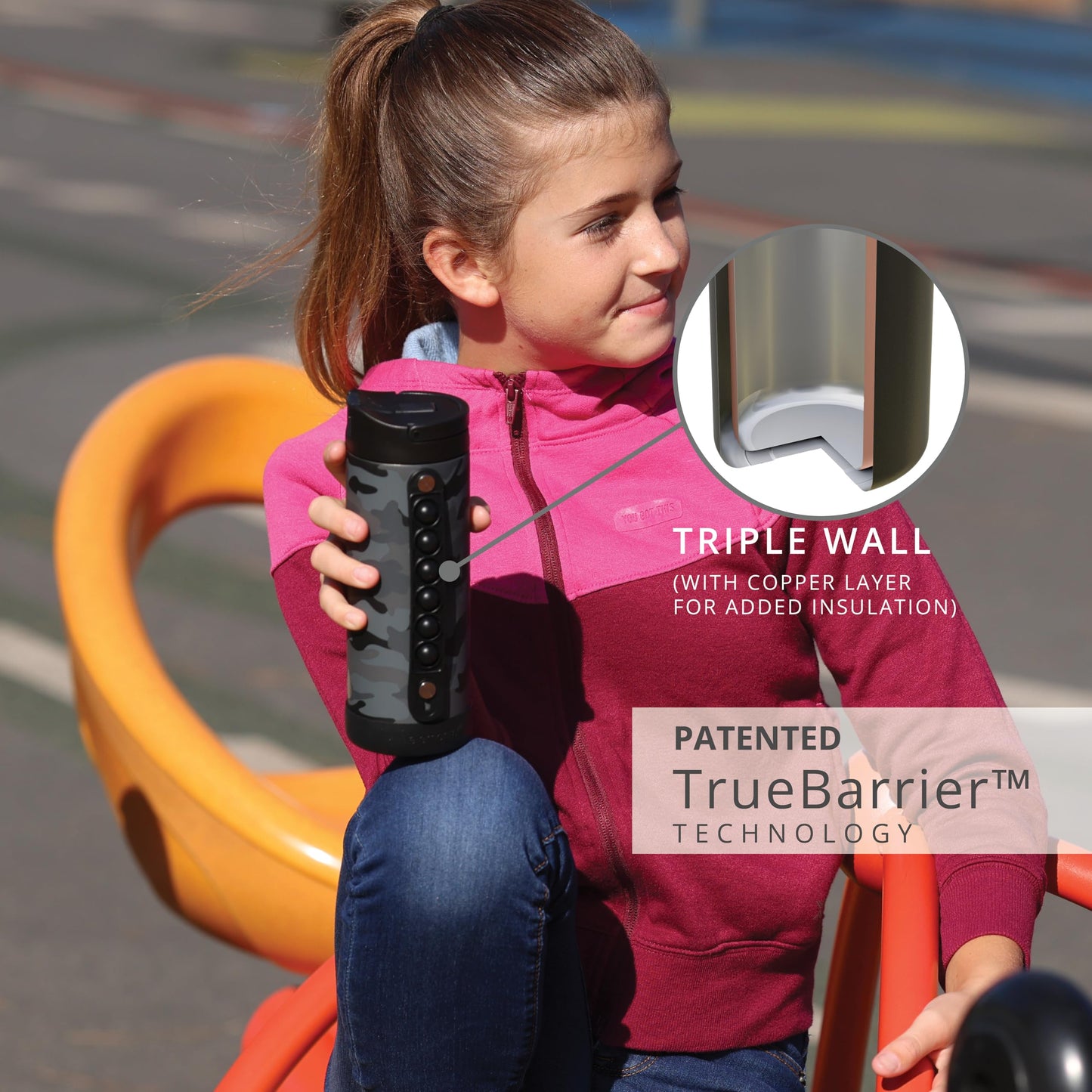 Elemental Iconic Kids Water Bottle with Straw Lid & Stress Relief Pop It Handle, Leak-Proof When Closed, Triple Insulated Kids Stainless Steel Water Bottle For Girls and Boys, 14oz - Black Camo