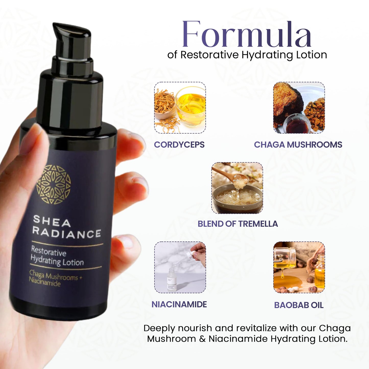 Shea Radiance Restorative & Nourishing Hydrating Body Lotion - deeply hydrating and lightweight lotion formulated with a restorative blend of Tremella