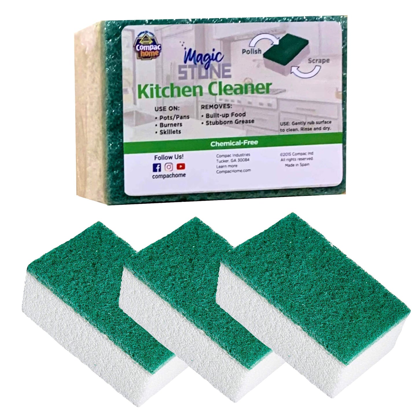 COMPAC HOME Magic-Stone Kitchen Cleaner Scrub - 2-Sided Scouring Stone, Easily Removes Stubborn Food Grime, Grease, 4 Count, White/Green