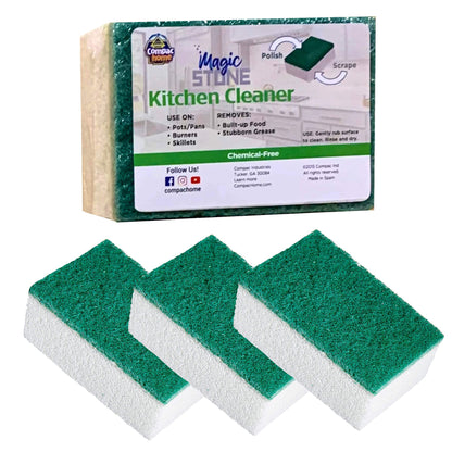 COMPAC HOME Magic-Stone Kitchen Cleaner Scrub - 2-Sided Scouring Stone, Easily Removes Stubborn Food Grime, Grease, 4 Count, White/Green