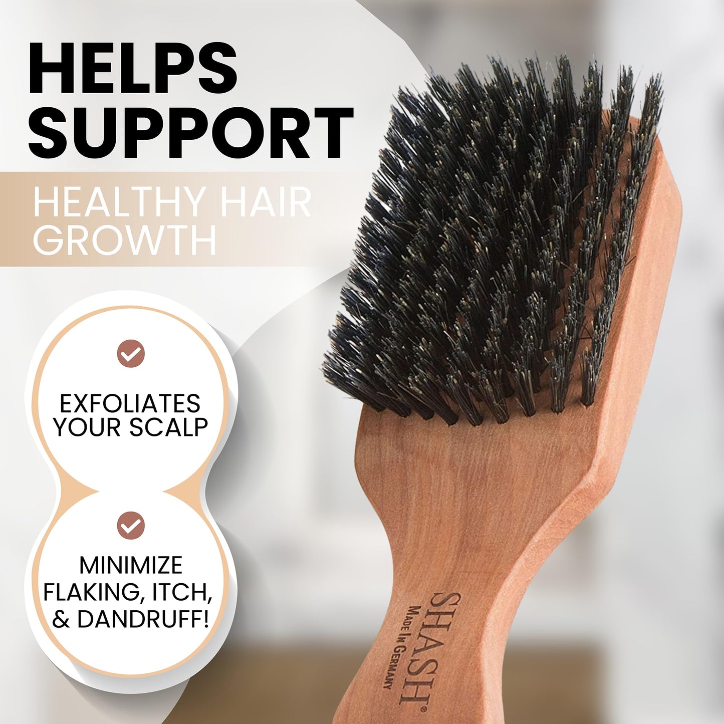 SHASH Since 1869: Handmade in Germany - The Go-To 100% Boar Bristle Hair Brush for Thin to Normal Hair | Naturally Conditions, Improves Texture, Exfoliates, and Stimulates the Scalp