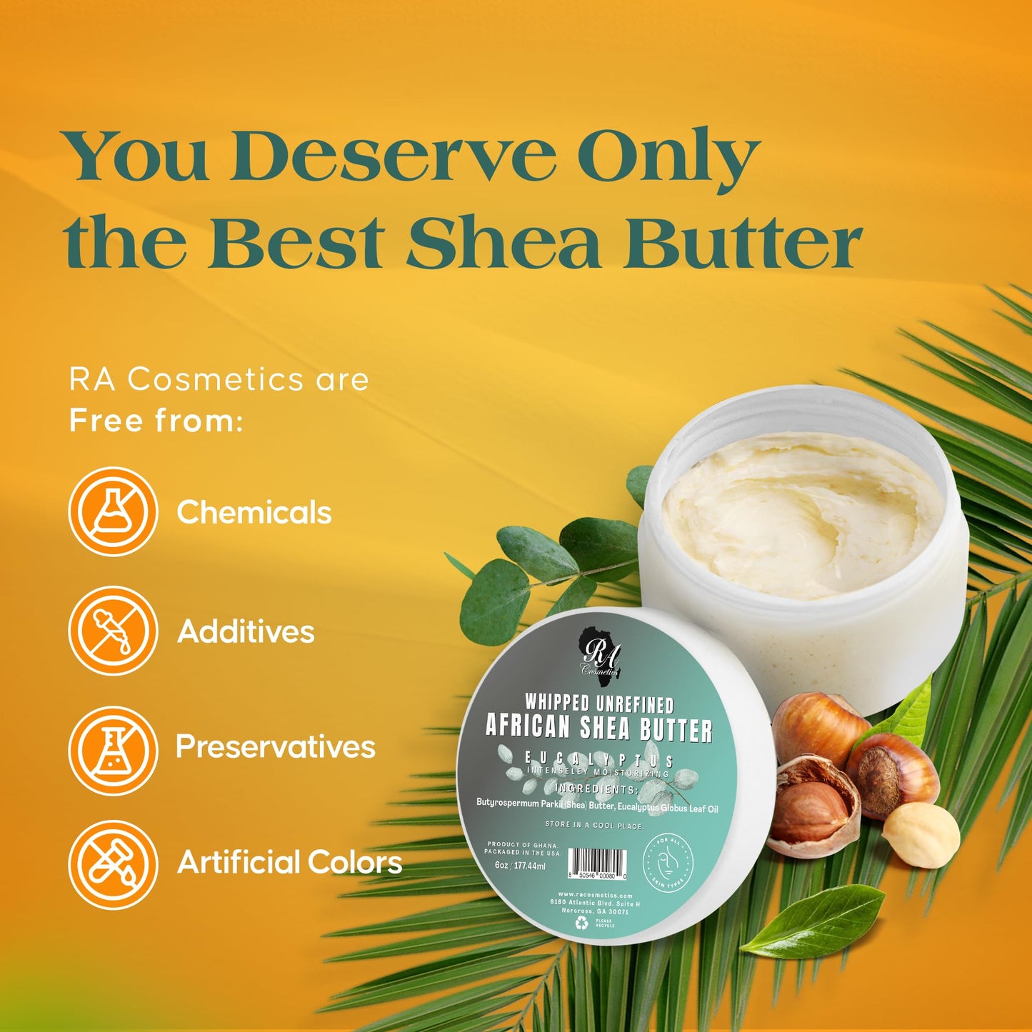 RA COSMETICS Whipped Shea Butter Eucalyptus – 6oz | 100% Pure and Natural African Shea Butter for Men & Women - Ultimate Handcrafted Moisturizer with Essential Vitamins for Radiant Skin & Hair