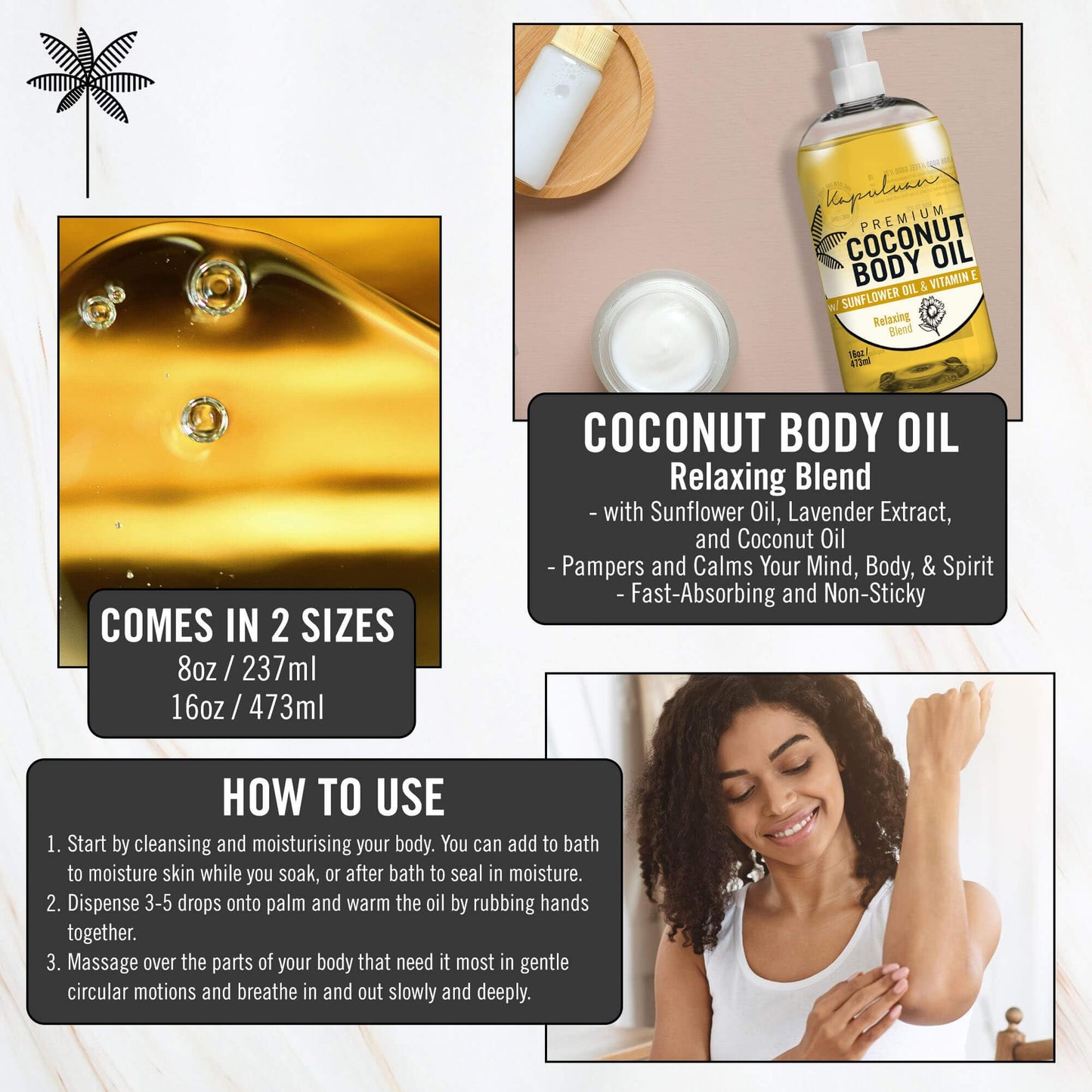 Kapuluan Massage Body Oil Relaxing Blend – Lavender Coconut Oil Blend for Stress Relief, Muscle Tension 8oz