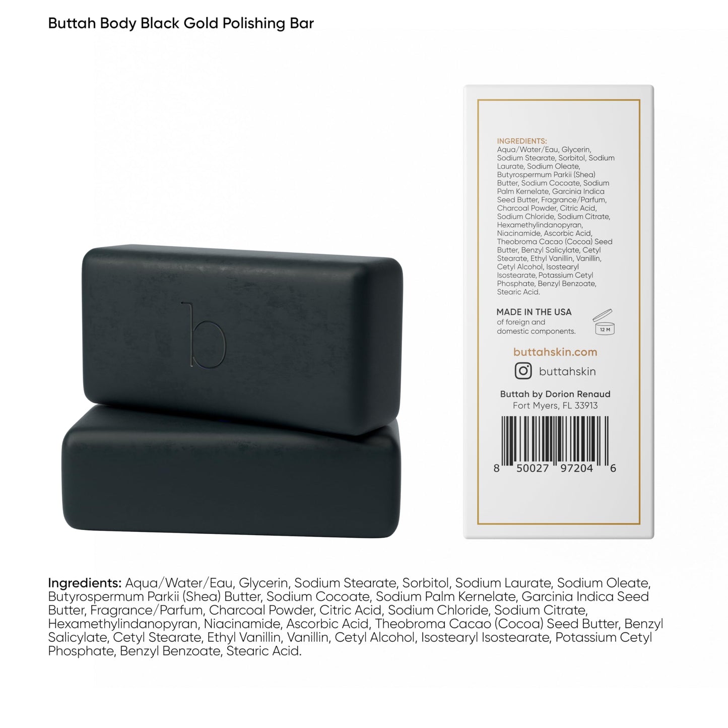 Buttah Skin by Dorion Renaud Black Gold Polishing Bar 100g 2 Pack - Activated Charcoal Bar Soap - Skin Polishing Bar - African Cocoa Butter & Shea Butter Body Soap - Black Owned Skincare for Men/Women