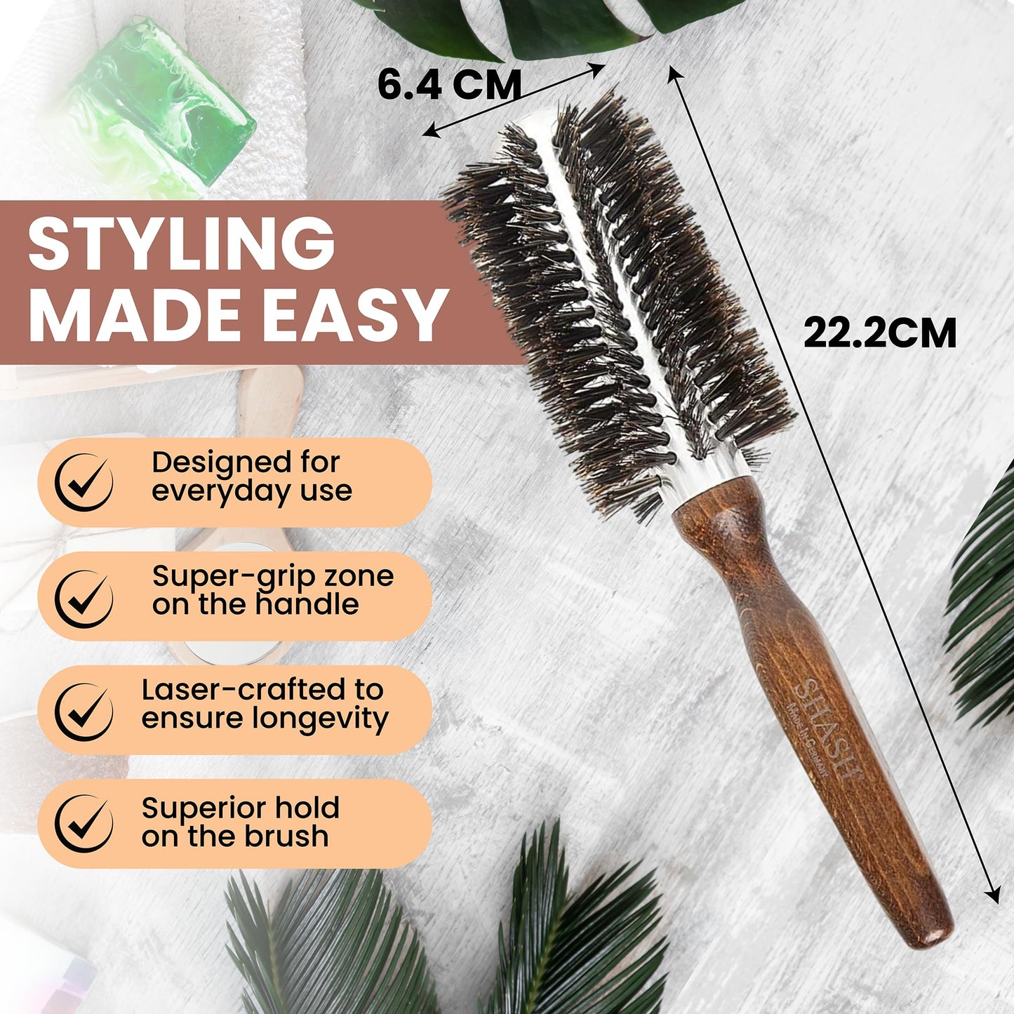 Since 1869 Hand Made In Germany Professional Series Boar Bristle Round Brush - Add Volume, Help Fight Frizz - Super-Grip Handle for Easy Styling - Eco-Sour (Medium)