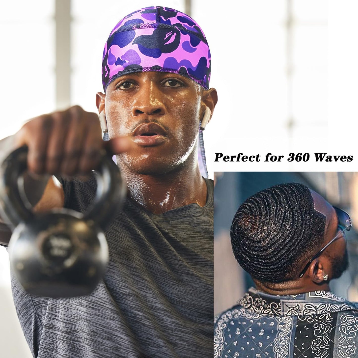 Silk Durag for Men Designer Durag Camo Silky Locs Head Rags Long Tail Durag Hip Hop Turban Bandana for Braids Purple Camouflage