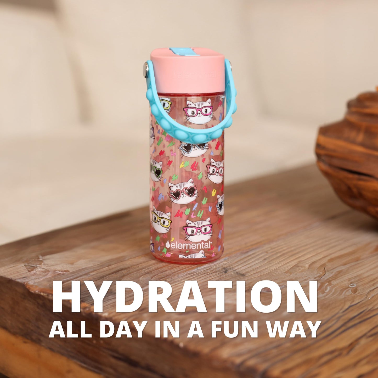 Elemental Leak Proof Water Bottles for Kids - Splash Kids Water Bottle for School with Pop-it Handle - BPA Free Tritan Plastic Reusable Water Bottle with Straw - Stylish Cat - 18oz