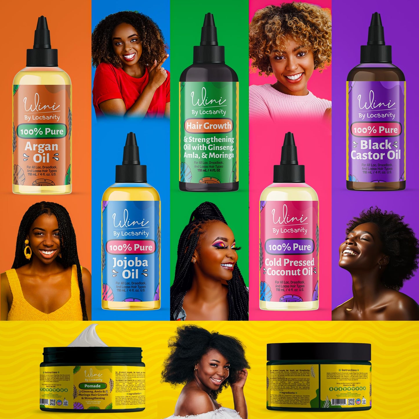 Wini by Locsanity Loose Natural Haircare Bundle for Healthy, Moisturized Hair - Pomade, Growth Oil, Jamaican Castor oil, Coconut Oil, Jojoba Oil, Argan Oil