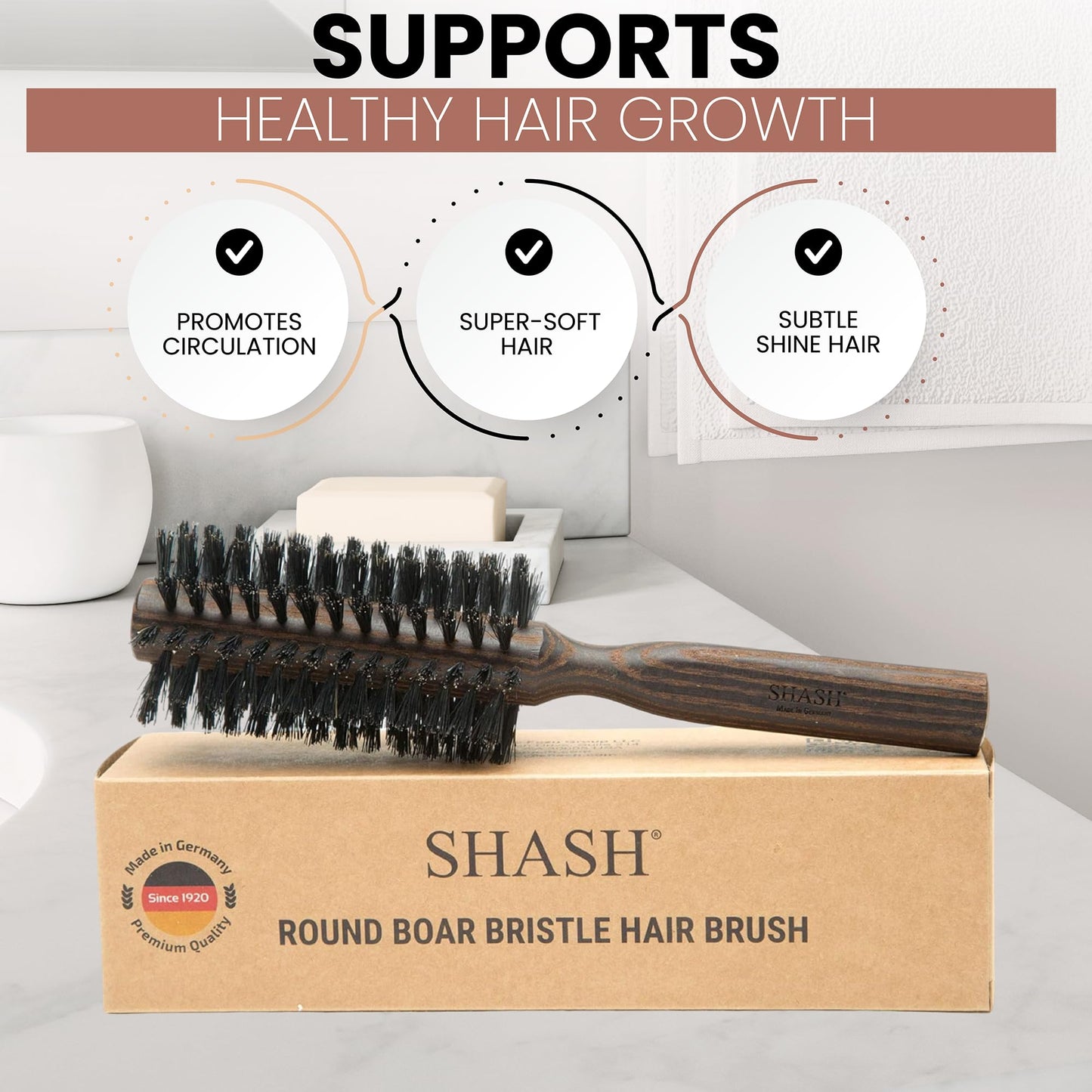 SHASH Smooth 100% Boar Bristle Body Brush - Made in Germany | Gently Exfoliates Skin for a Softer, Smoother Complexion | Promotes Circulation for a Healthy Glow