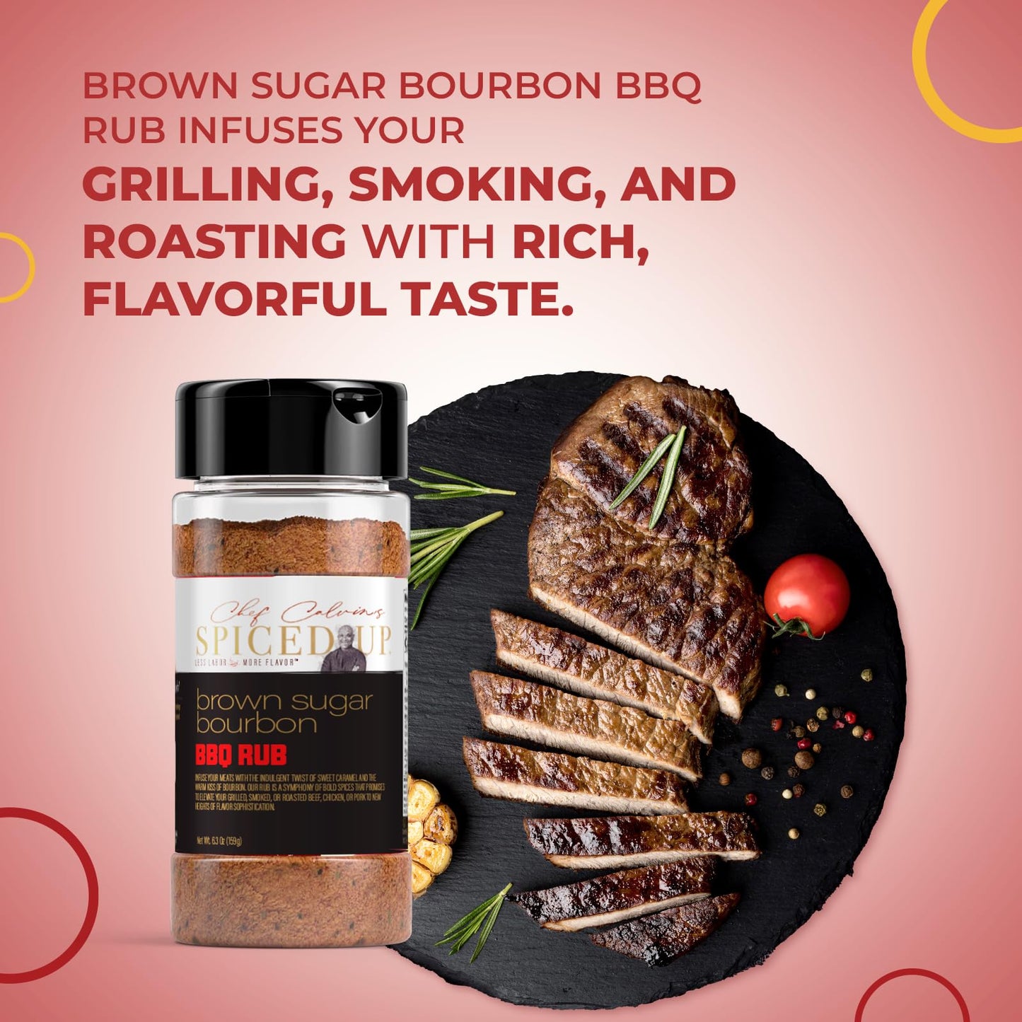 Spiced Up by Chef Calvin Brown Sugar Bourbon BBQ Rub 6.3 oz/180 g -Gourmet BBQ Seasoning with Bourbon Flavor-Perfect for Grilling & Smoking-Premium Dry BBQ Rub with Brown Sugar for Delicious Barbecue