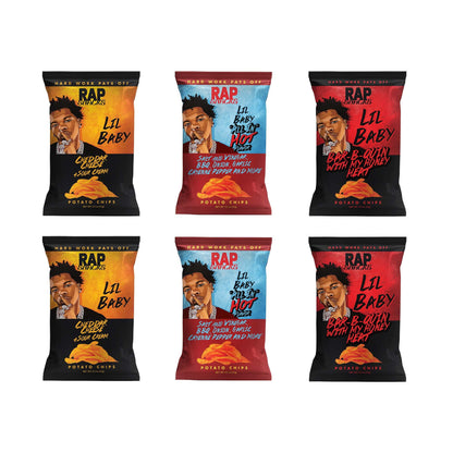 Rap Snacks Lil Baby Cheddar and Sour Cream, Bar-B-Quin' With My Honey Heat and All In Hot-Variety Pack of 6