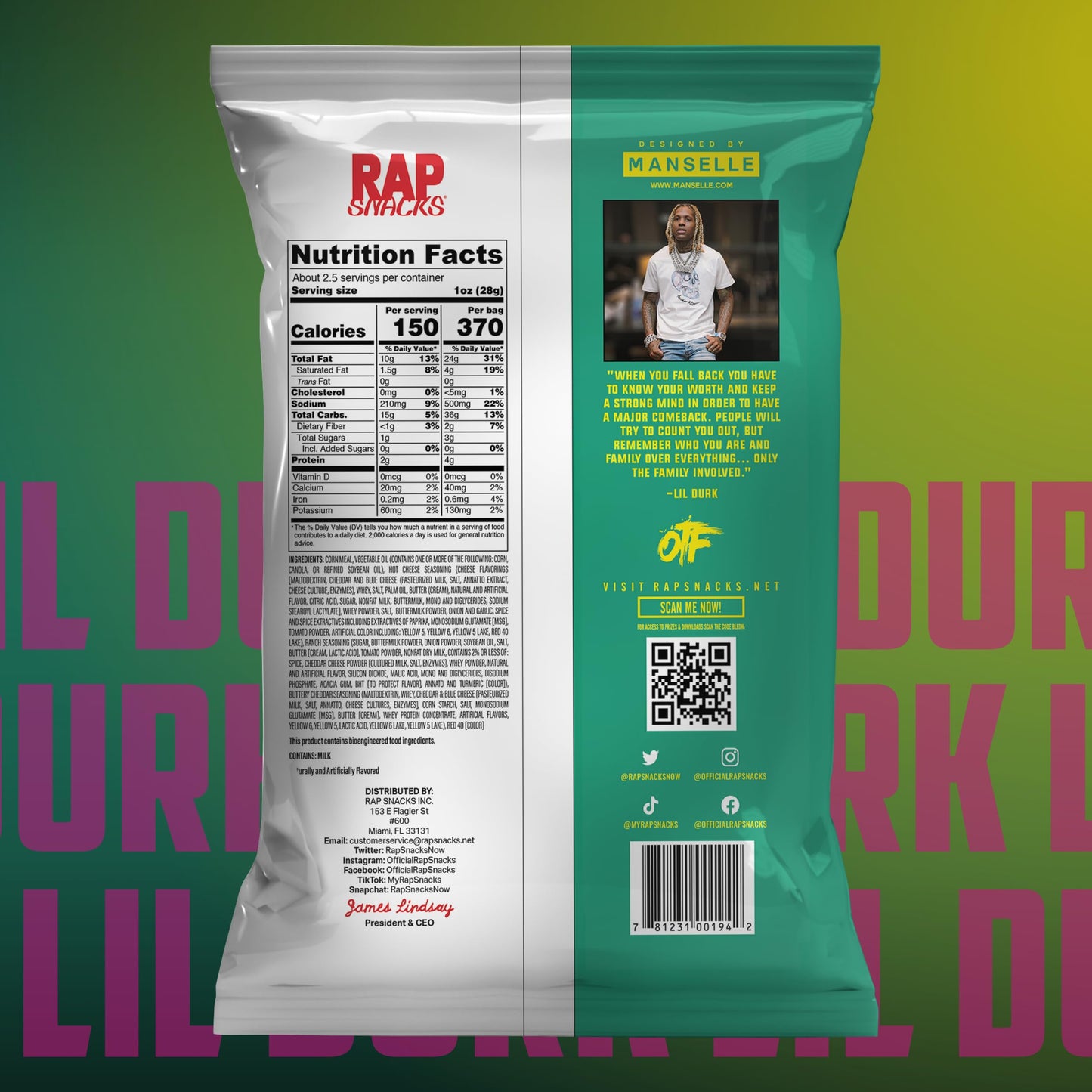 Rap Snacks Lil Durk Durkio's Hot Puffin Fries with Ranch 2.5 Oz Bags - Pack of 6