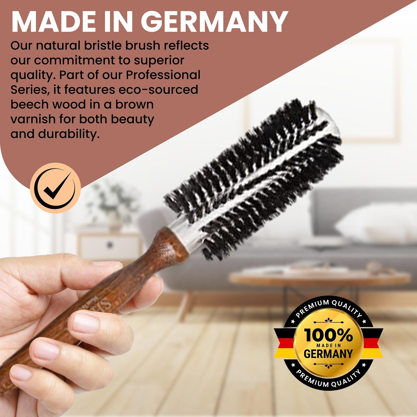 Since 1869 Hand Made In Germany Professional Series Boar Bristle Round Brush - Add Volume, Help Fight Frizz - Super-Grip Handle for Easy Styling - Eco-Sour (Small)