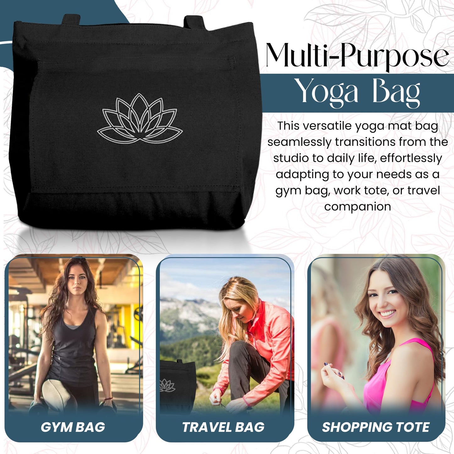 Hygge Beaute Black Yoga Bag for Women with Yoga Mat Carrier Bag for Small Sized Mats (17"x13.75"x5")-Canvas Shoulder Handbag Nurse Women Tote Bag for Workout, Travel, Beach, Yoga and Gym