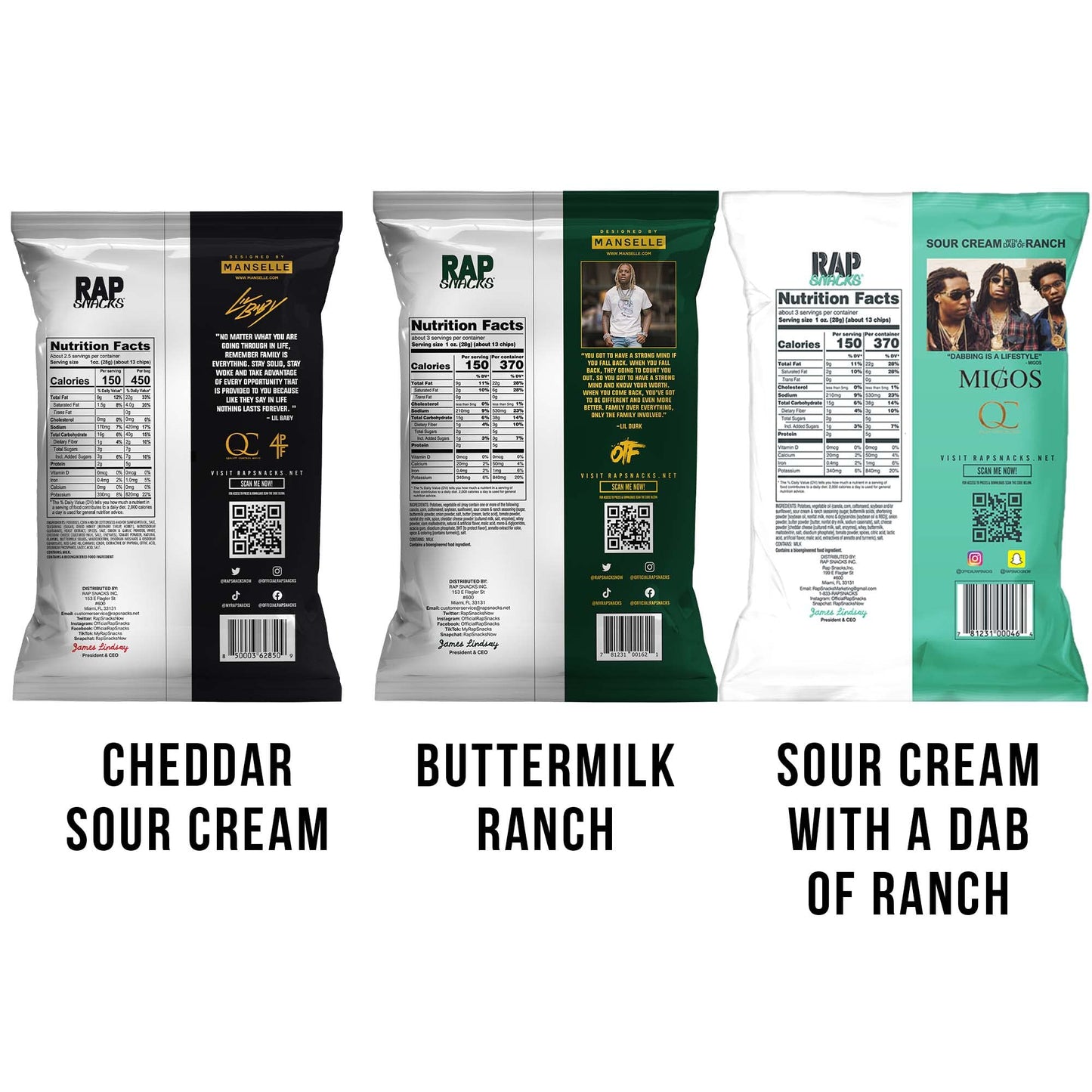 Rap Snacks Lil Baby, Lil Durk and Migos Cheddar Cheese and Sour Cream, Buttermilk Ranch, and Sour Cream with a Dab of Ranch Variety - Pack of 6