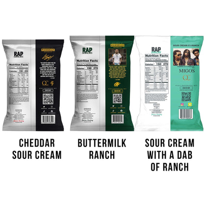 Rap Snacks Lil Baby, Lil Durk and Migos Cheddar Cheese and Sour Cream, Buttermilk Ranch, and Sour Cream with a Dab of Ranch Variety - Pack of 6