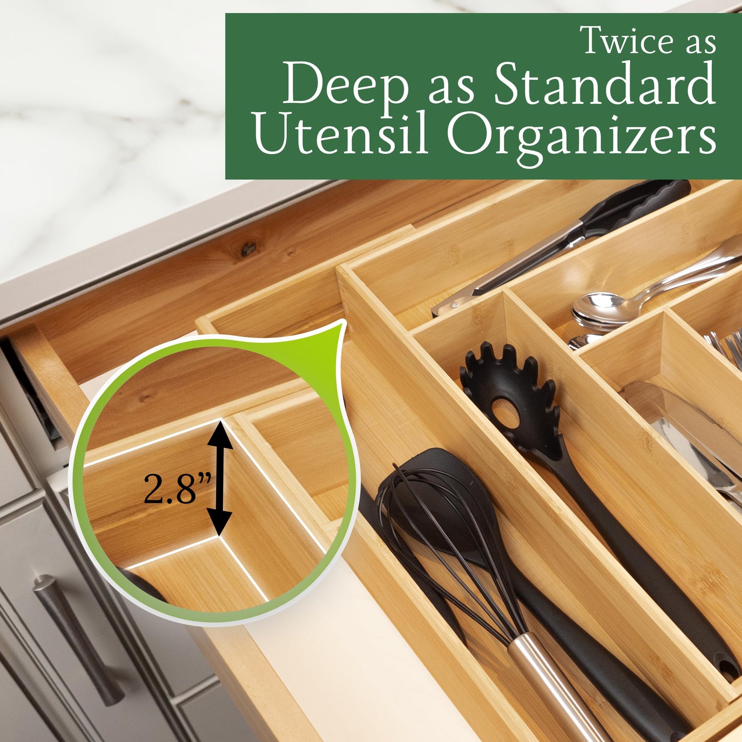 randomgrounds Utensil Drawer Organizer - 3" Deep 100% Bamboo Wooden Expandable Adjustable Kitchen Silverware Flatware Cutlery and Accessories Home Pantry Storage Organization Tray with Magnetic Lock