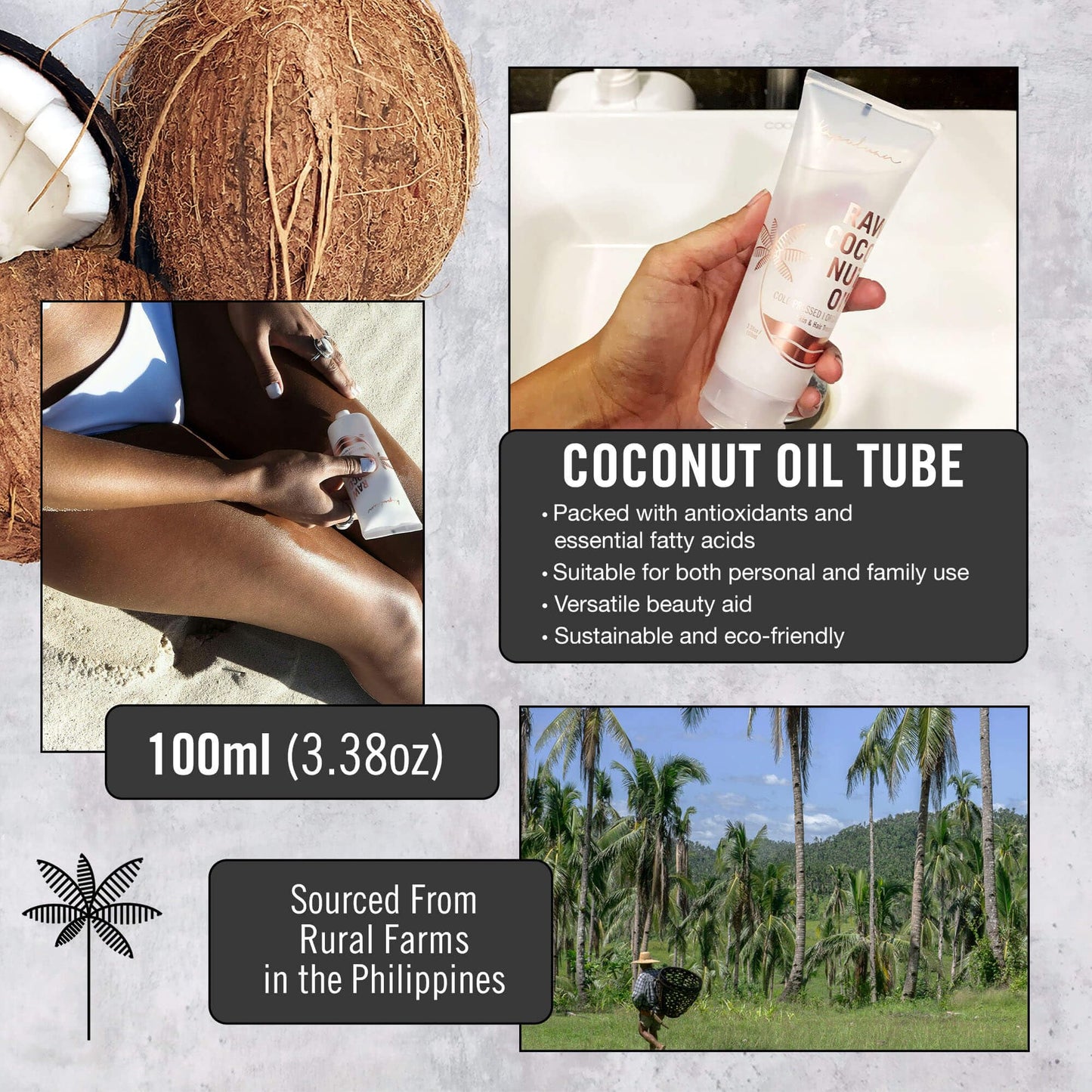 Kapuluan Pure Coconut Oil for Hair, Skin - Raw Extra Virgin Coconut Oil - Pure Unrefined Cold Pressed Oil with MCTs for Body Care or Haircare, Hair Growth, Aceite de Coco Natural 3 Pack, 100ml