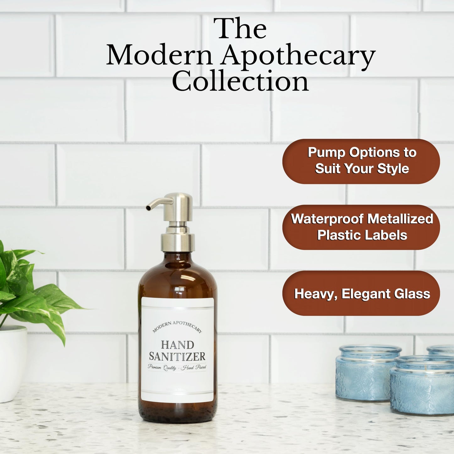 Artanis Home Amber Refillable Hand Sanitizer Dispenser with Pump for Home, Office, Restaurants - Empty Glass Boston Round Bottle - Waterproof Label - 16 oz